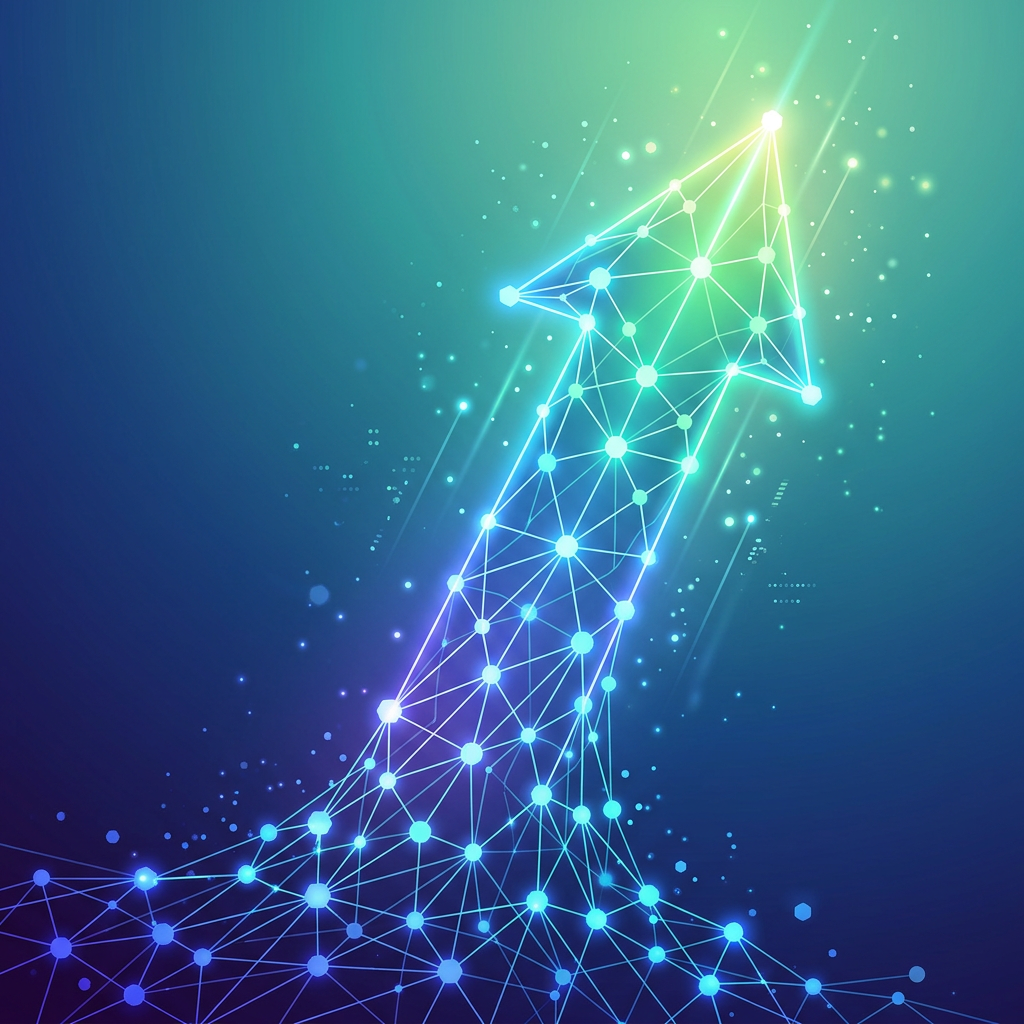 Glowing connected nodes forming an upward-pointing arrow on blue-green background