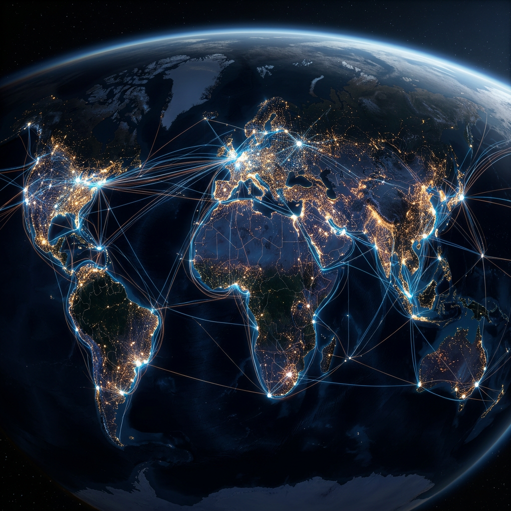 World map at night showing illuminated cities connected by glowing lines