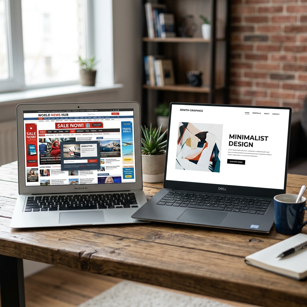 Two laptops: complex vs clean website screens